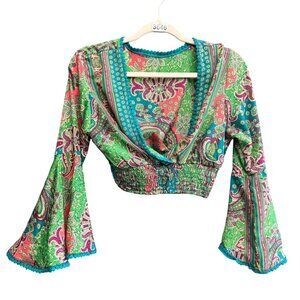 Pom Pom Lace Wrap Paisley Print Cropped Blouse Top Women's Multicolor Hippie